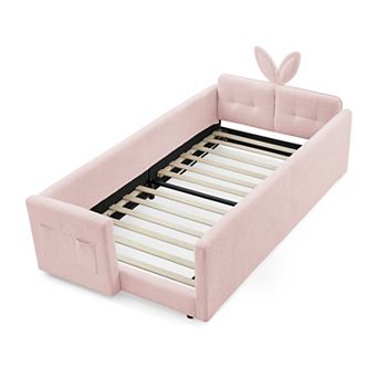 Trikiousd Twin Size Boucle Upholstered Platform Bed w/ Cute Rabbit Ear Shaped Headboard & Pocket