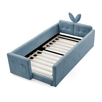 Trikiousd Twin Size Boucle Upholstered Platform Bed w/ Cute Rabbit Ear Shaped Headboard & Pocket