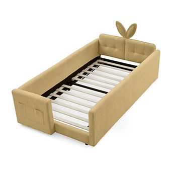 Trikiousd Twin Size Boucle Upholstered Platform Bed w/ Cute Rabbit Ear Shaped Headboard & Pocket
