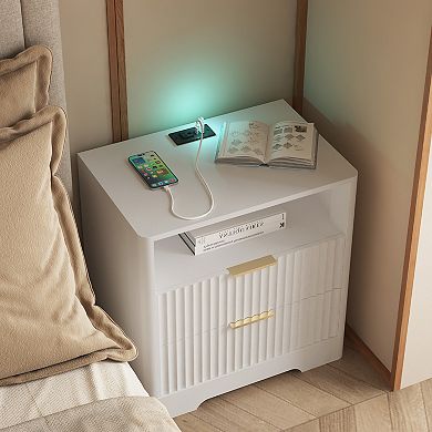 Trikiousd Smart Nightstand with Charging Station and Night Light, 2 Drawers Bedside Table End Table