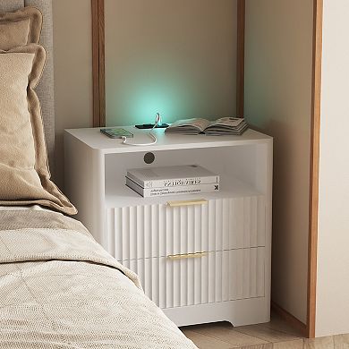 Trikiousd Smart Nightstand with Charging Station and Night Light, 2 Drawers Bedside Table End Table