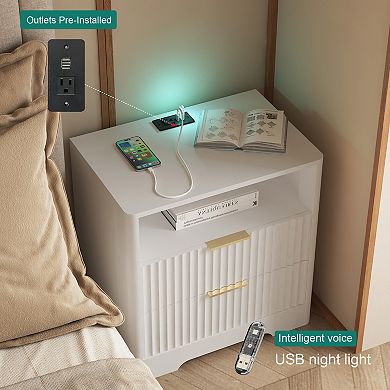 Trikiousd Smart Nightstand with Charging Station and Night Light, 2 Drawers Bedside Table End Table