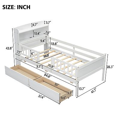 Trikiousd Wood Twin Bed Frame with 2 Storage Drawer, Modern LED Platform Bed with Guardrails