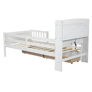 Trikiousd Wood Twin Bed Frame with 2 Storage Drawer, Modern LED Platform Bed with Guardrails