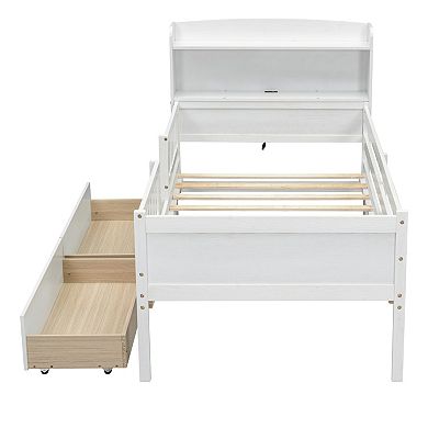 Trikiousd Wood Twin Bed Frame with 2 Storage Drawer, Modern LED Platform Bed with Guardrails