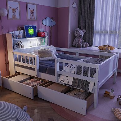 Trikiousd Wood Twin Bed Frame with 2 Storage Drawer, Modern LED Platform Bed with Guardrails