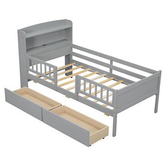 Trikiousd Wood Twin Bed Frame with 2 Storage Drawer, Modern LED Platform Bed with Guardrails