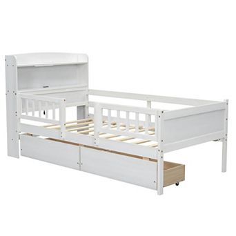 Trikiousd Wood Twin Bed Frame with 2 Storage Drawer, Modern LED Platform Bed with Guardrails