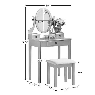 Trikiousd Wooden Makeup Vanity Table & Stool Set, Modern Dressing Table with Oval Mirror for Bedroom