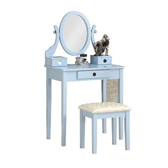 Trikiousd Wooden Makeup Vanity Table & Stool Set, Modern Dressing Table with Oval Mirror for Bedroom