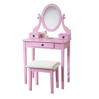 Trikiousd Wooden Makeup Vanity Table & Stool Set, Modern Dressing Table with Oval Mirror for Bedroom