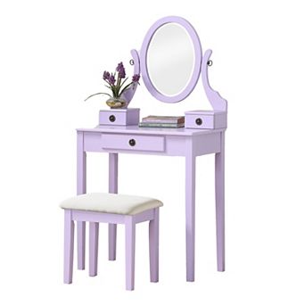Trikiousd Wooden Makeup Vanity Table & Stool Set, Modern Dressing Table with Oval Mirror for Bedroom
