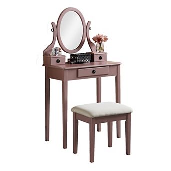 Trikiousd Wooden Makeup Vanity Table & Stool Set, Modern Dressing Table with Oval Mirror for Bedroom