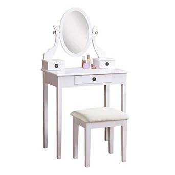 Trikiousd Wooden Makeup Vanity Table & Stool Set, Modern Dressing Table with Oval Mirror for Bedroom