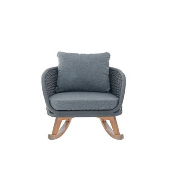Trikiousd Wooden Frame Rocking Chair with Soft Cushion, Indoor Outdoor Wicker Lounge Chair Arm Chair