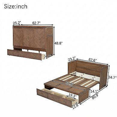 Trikiousd Queen Murphy Bed Pine Wood Foldable Cabinet Bed w/ Built-in USB Charging Station & Drawers