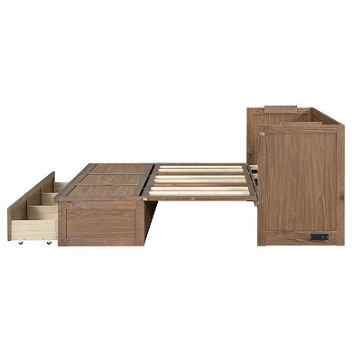 Trikiousd Queen Murphy Bed Pine Wood Foldable Cabinet Bed w/ Built-in USB Charging Station & Drawers