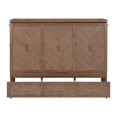 Trikiousd Queen Murphy Bed Pine Wood Foldable Cabinet Bed w/ Built-in USB Charging Station & Drawers