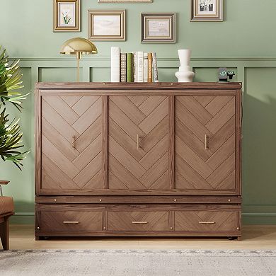 Trikiousd Queen Murphy Bed Pine Wood Foldable Cabinet Bed w/ Built-in USB Charging Station & Drawers