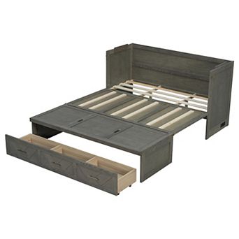 Trikiousd Queen Murphy Bed Pine Wood Foldable Cabinet Bed w/ Built-in USB Charging Station & Drawers