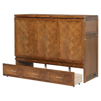 Trikiousd Queen Murphy Bed Pine Wood Foldable Cabinet Bed w/ Built-in USB Charging Station & Drawers