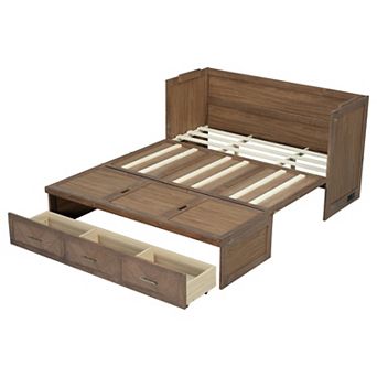 Trikiousd Queen Murphy Bed Pine Wood Foldable Cabinet Bed w/ Built-in USB Charging Station & Drawers