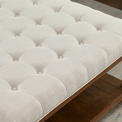 Trikiousd Square Tufted Ottoman Large Upholstered Ottoman Footrest Side Table with Solid Wood Shelf