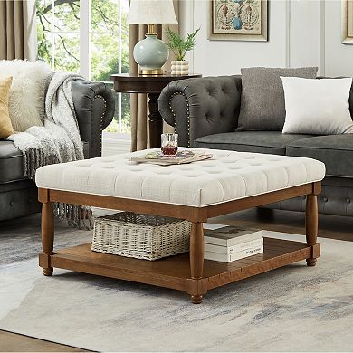 Trikiousd Square Tufted Ottoman Large Upholstered Ottoman Footrest Side Table with Solid Wood Shelf