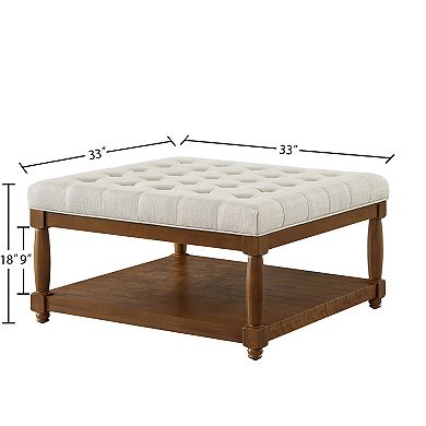 Trikiousd Square Tufted Ottoman Large Upholstered Ottoman Footrest Side Table with Solid Wood Shelf