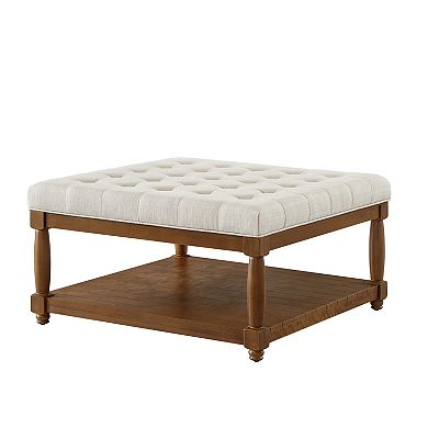 Trikiousd Square Tufted Ottoman Large Upholstered Ottoman Footrest Side Table with Solid Wood Shelf