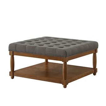 Trikiousd Square Tufted Ottoman Large Upholstered Ottoman Footrest Side Table with Solid Wood Shelf