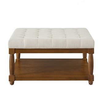 Trikiousd Square Tufted Ottoman Large Upholstered Ottoman Footrest Side Table with Solid Wood Shelf