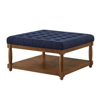 Trikiousd Square Tufted Ottoman Large Upholstered Ottoman Footrest Side Table with Solid Wood Shelf