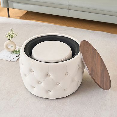 Trikiousd Velvet Ottoman and Coffee Table Set, Round Storage Foot Stool with Wood Tray