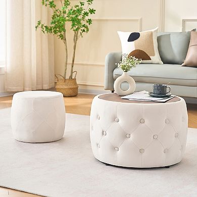 Trikiousd Velvet Ottoman and Coffee Table Set, Round Storage Foot Stool with Wood Tray