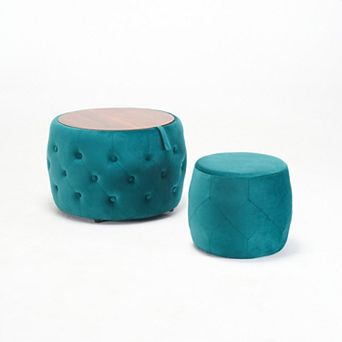 Trikiousd Velvet Ottoman and Coffee Table Set, Round Storage Foot Stool with Wood Tray