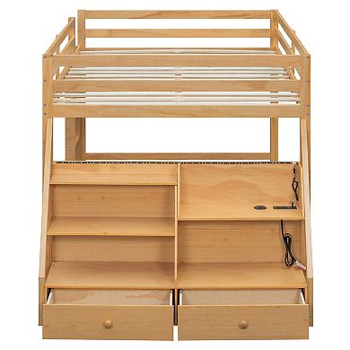 Trikiousd Wood Bunk Bed LED Full Bed Frame with Storage Shelves, 2 Drawers & USB Ports