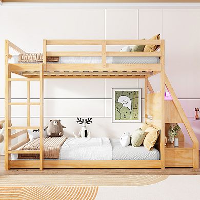 Trikiousd Wood Bunk Bed LED Full Bed Frame with Storage Shelves, 2 Drawers & USB Ports
