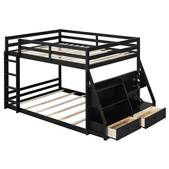Trikiousd Wood Bunk Bed LED Full Bed Frame with Storage Shelves, 2 Drawers & USB Ports