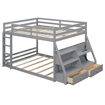 Trikiousd Wood Bunk Bed LED Full Bed Frame with Storage Shelves, 2 Drawers & USB Ports