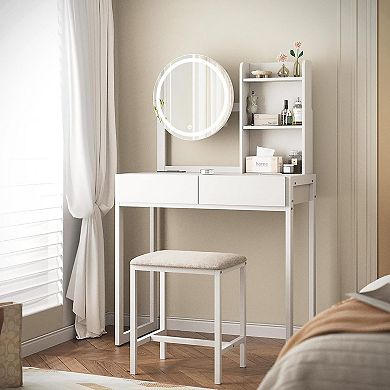 Trikiousd Small Vanity Desk with LED Makeup Mirror, Makeup Vanity Table with Power Outlet & Stool