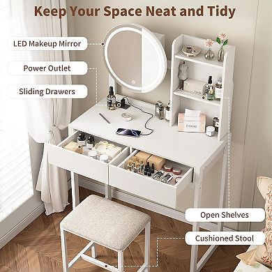 Trikiousd Small Vanity Desk with LED Makeup Mirror, Makeup Vanity Table with Power Outlet & Stool