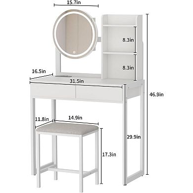 Trikiousd Small Vanity Desk with LED Makeup Mirror, Makeup Vanity Table with Power Outlet & Stool
