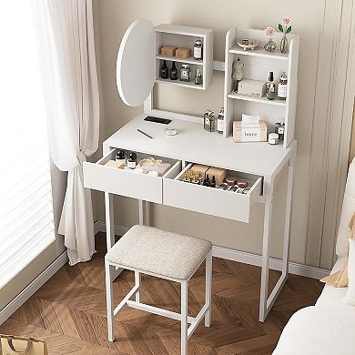 Trikiousd Small Vanity Desk with LED Makeup Mirror, Makeup Vanity Table with Power Outlet & Stool