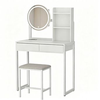 Trikiousd Small Vanity Desk with LED Makeup Mirror, Makeup Vanity Table with Power Outlet & Stool