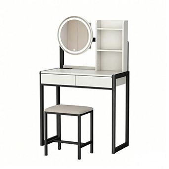Trikiousd Small Vanity Desk with LED Makeup Mirror, Makeup Vanity Table with Power Outlet & Stool