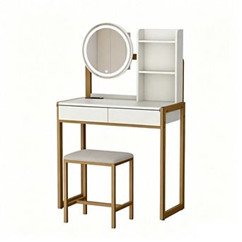 Trikiousd Small Vanity Desk with LED Makeup Mirror, Makeup Vanity Table with Power Outlet & Stool