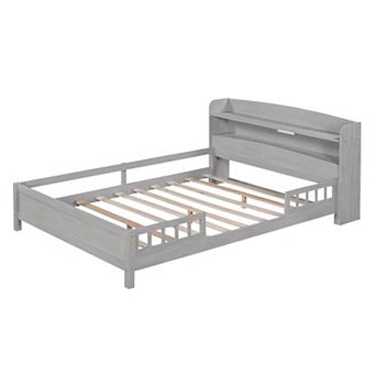 Trikiousd LED Platform Bed Wood Low Profile Bedframe with Storage Headboard & Guardrail