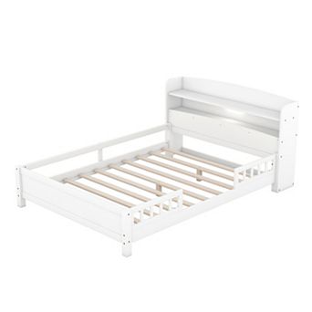 Trikiousd LED Platform Bed Wood Low Profile Bedframe with Storage Headboard & Guardrail