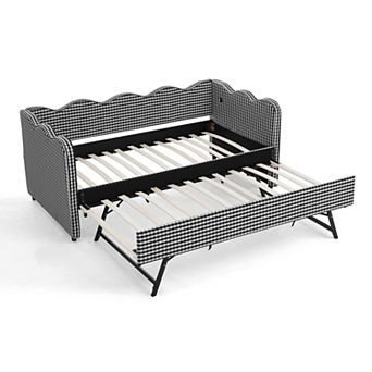 Trikiousd Twin Size Gingham Daybed Wave Shaped Extendable Linen Sofa Bed with Pull-out Trundle & USB